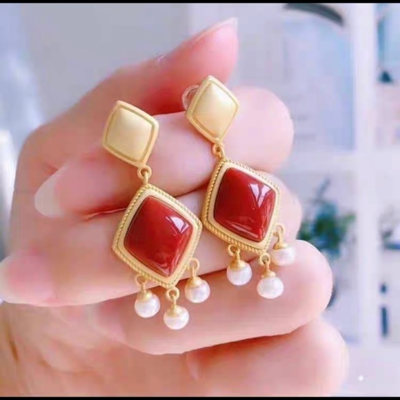 💎PRICE🔻 S925 Post Gold Plated Agate Pearl Earrings high quality real stone - Picture 2 of 5